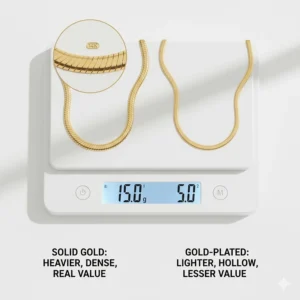 Illustration of a necklace on a jewelry scale showing the heavier density of authentic solid gold.