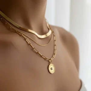 A gold coin pendant serving as the center piece for an everyday necklace gold layering set.