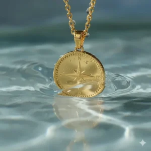 A close-up illustration of a gold coin pendant necklace submerged in clear water with ripples, showcasing tarnish-free features.
