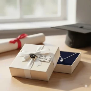 A beautifully wrapped gift box with a graduation-themed ribbon containing a special necklace for a daughter.