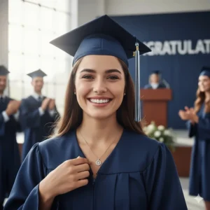 A close-up of a smiling graduate wearing a graduation gown and a commemorative necklace gift from her parents.
