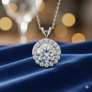 Sparkling halo diamond pendant on a gold chain, ideal for a milestone anniversary celebration.