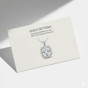 A detailed visual of a halo setting, where small pavé diamonds surround the center stone of a diamond pendant necklace to maximize brilliance and perceived size.