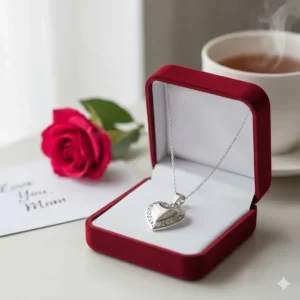 Silver heart-shaped pendant necklace displayed in a velvet box, a great necklace gift for Mom under $100.