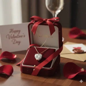 An image showing a necklace box with a ribbon and a handwritten card, illustrating the best way to present a necklace gift on Valentine's.