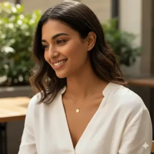 A woman wearing a hypoallergenic 14k gold necklace designed for sensitive skin, showing no signs of redness or irritation.