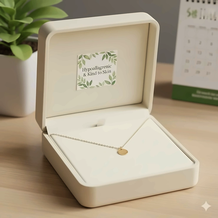 A gold necklace in a luxury gift box with a "hypoallergenic" and "kind to skin" product tag. hypoallergenic gold necklace sensitive skin