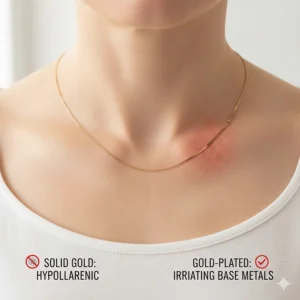Illustration highlighting that solid gold necklaces are hypoallergenic and safe for sensitive skin, unlike nickel-filled plated chains.