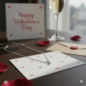 A close-up of a delicate silver initial necklace, a personalized and thoughtful gift for your girlfriend for Valentine's Day.