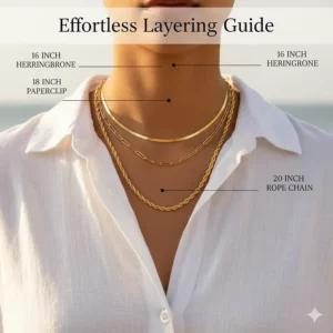 Styling tip showing how to effectively layer different lengths of gold chain necklaces for women (16, 18, and 20 inches) to create a fashionable stack.