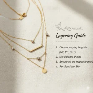 A styled guide on how to layer multiple hypoallergenic gold necklaces safely for sensitive skin types.