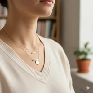 An image showing a minimalist chain necklace layered with a slightly longer pendant necklace, demonstrating styling options for a Mom's gift.