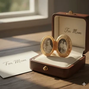 A small gold locket necklace, a meaningful and sentimental gift idea for Mom.