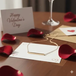 A simple, elegant gold bar necklace, an ideal minimalist necklace gift for a girlfriend this Valentine's Day.