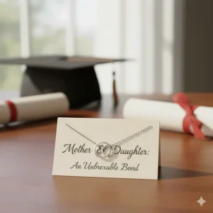 Two interlocking silver circles necklace symbolizing the eternal bond between mother and daughter on graduation day.