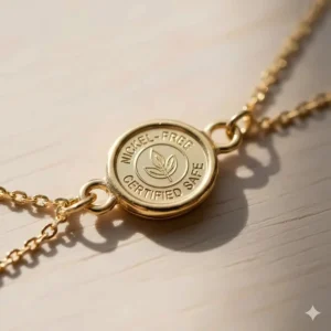 Close-up illustration of a nickel-free certification stamp on a hypoallergenic gold necklace clasp.