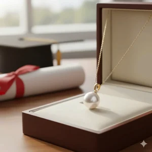 A classic single pearl necklace on a gold chain, representing a timeless graduation gift for a daughter.