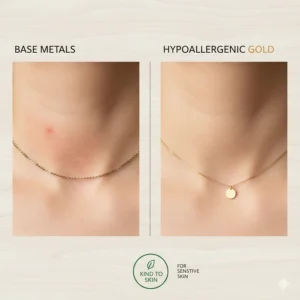 Side-by-side visual of skin irritation from base metals versus clear skin with a hypoallergenic gold necklace.