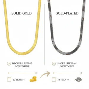 An infographic showing a solid gold necklace lasting decades compared to the 1-year lifespan of a gold-plated alternative.