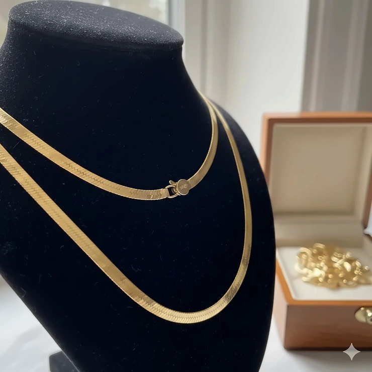 A high-quality 14k solid gold necklace displayed on a jewelry bust, showcasing the deep yellow hue of genuine gold that won't tarnish or peel.