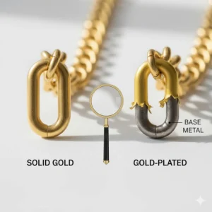 Diagram showing the internal structure of a solid gold necklace versus a gold-plated necklace with a base metal core.