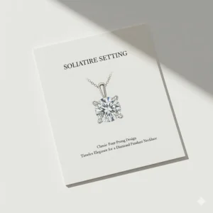 An illustration of a classic four-prong solitaire setting, the most popular and timeless design for a diamond pendant necklace.