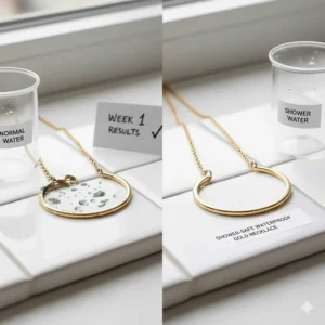 Side-by-side comparison of a standard gold necklace versus a shower-safe waterproof gold necklace after water exposure.
