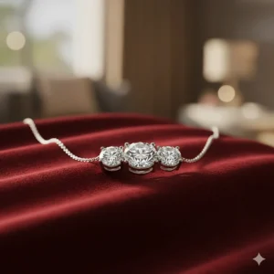 A three-stone diamond necklace representing the past, present, and future of a marriage.