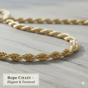 A beautiful, twisted rope chain, often used for heavier gold pendants, providing a classic, textured appearance.