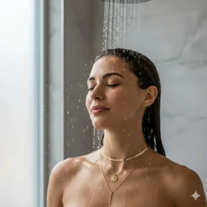 A woman wearing a layered 18k gold plated necklace while standing under a running shower head to demonstrate its waterproof quality. waterproof gold necklace shower safe
