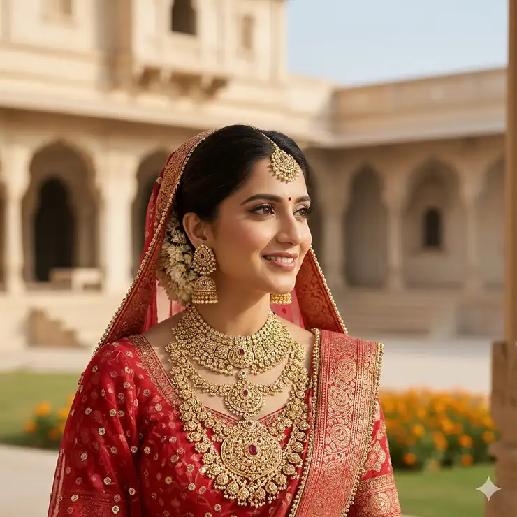 A beautiful bride wearing a traditional 22k gold wedding necklace set with matching earrings. wedding necklace for bride gold