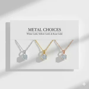 A collection showcasing the three popular precious metal choices—white gold, yellow gold, and rose gold—for a diamond pendant necklace.