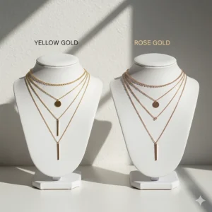 Comparison of a classic yellow gold necklace layering set next to a rose gold version.