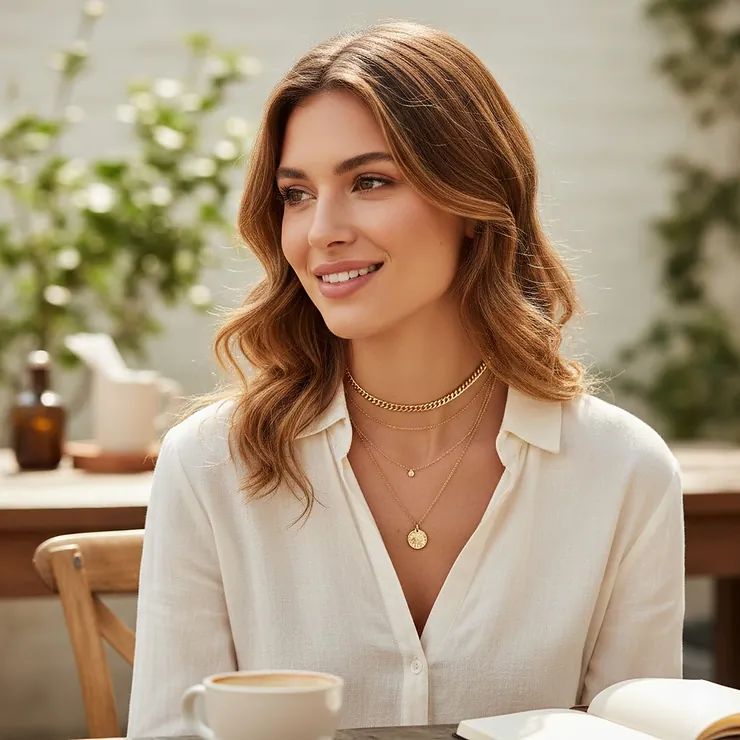 A stylish woman wearing an affordable gold chain choker under $30, layered with other dainty necklaces.