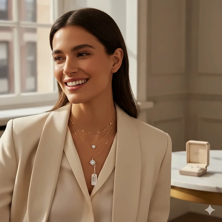 A smiling woman wearing layered gold diamond-accent necklaces, showcasing affordable luxury jewelry styles under $200 in a bright, natural setting. affordable luxury necklaces under $200
