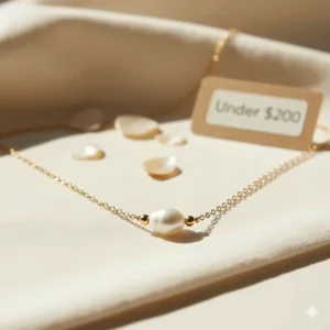 A sophisticated freshwater pearl necklace on a delicate gold chain, displayed with an Under $200 sign on a soft cream background.