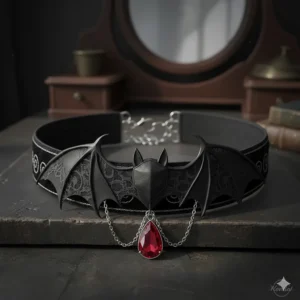Gothic choker necklace design featuring stylized bat wings and a silver chain.
