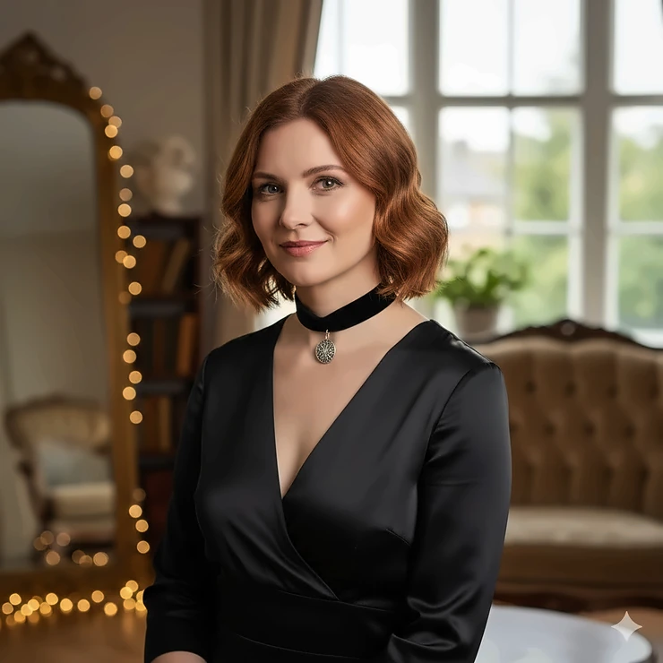 A woman wearing a classic black velvet choker necklace paired with an elegant evening dress.