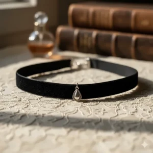 A vintage-style black velvet choker necklace featuring a small silver teardrop pendant.