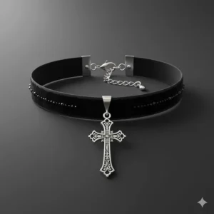Hand-drawn illustration of a classic black velvet gothic choker necklace with a silver cross.