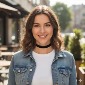 A young woman styling a black velvet choker necklace with a casual denim jacket and t-shirt.