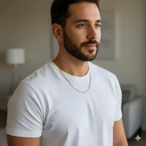 A man in a simple white t-shirt wearing a thin gold chain necklace for a casual everyday look.