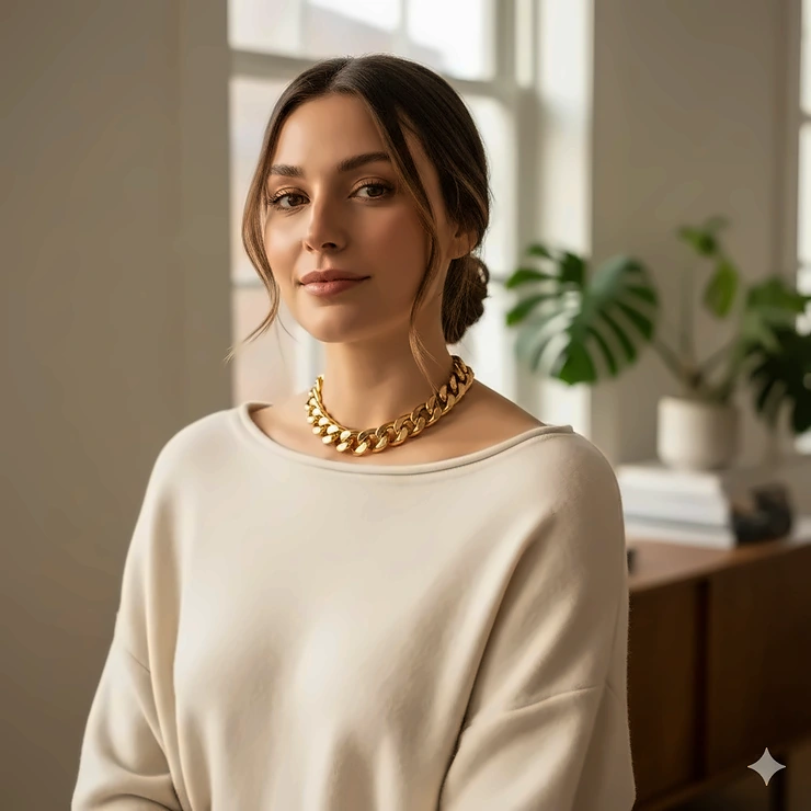 A woman wearing a bold chunky gold chain choker with a modern minimalist outfit.