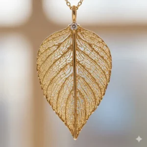 Macro shot showing the intricate vein details on a 14k gold leaf pendant.