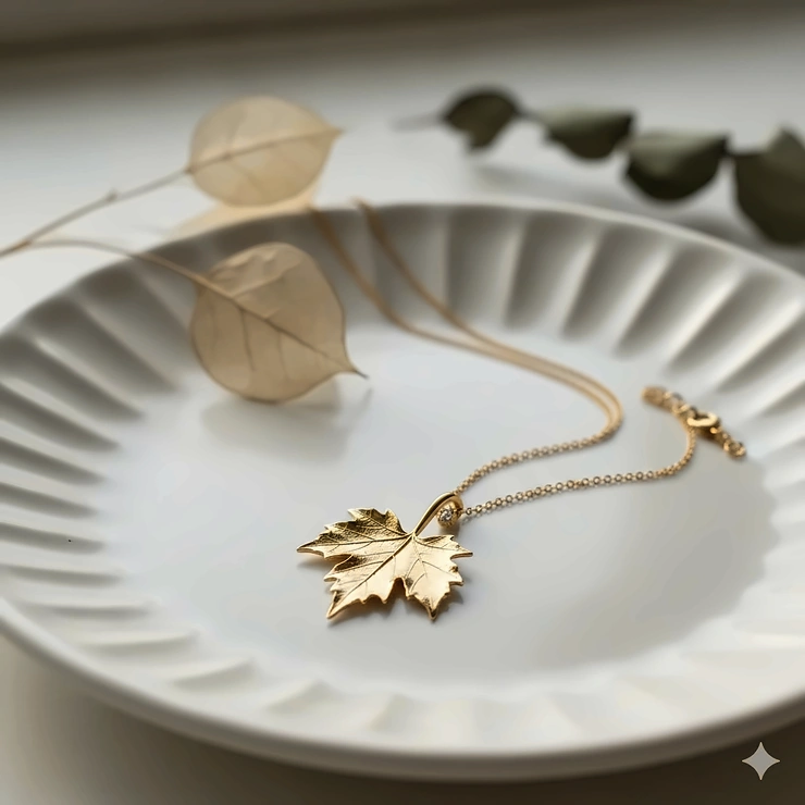 A high-quality close-up of a delicate gold leaf pendant necklace on a minimalist white background. leaf pendant necklace gold delicate