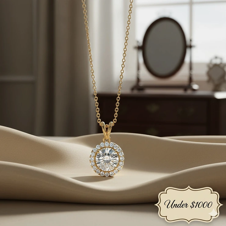 Sparkling diamond halo pendant necklace in yellow gold, affordable luxury under 1000. diamond necklace under 1000