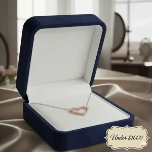 A premium velvet jewelry box opening to reveal a brilliant diamond necklace under 1000.