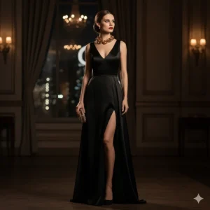 An elegant evening dress paired with a statement chunky gold chain choker.