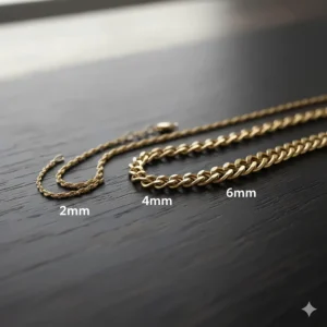 Comparison of 2mm, 4mm, and 6mm men's cable chain necklaces in gold.