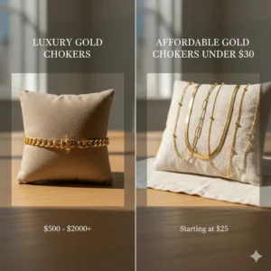 A graphic comparing luxury gold chokers to high-quality affordable alternatives under $30.